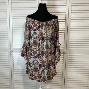 Win Win Bohemian Paisley Floral Off The Shoulder Tie Sleeve Tunic Blouse L
